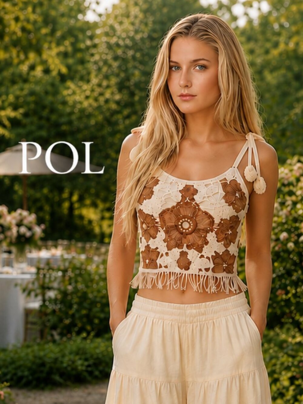 POL Boho Fringe Crochet Florals Beaded Tie Strap Rustic Colors Gypsy Top